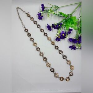 Vintage Geniine Wood Circular Link Necklace - Brown & Silver